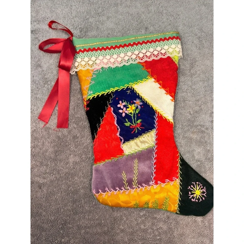Vintage Handmade Crazy Quilt Christmas Stocking 10